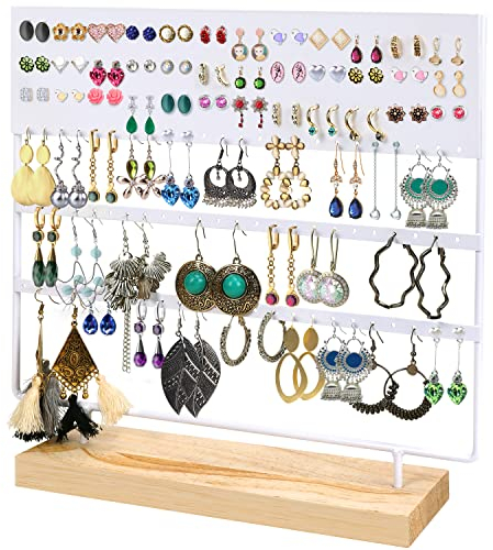 BELLE VOUS Weißer Metall Ohrring Aufbewahrung Schmuckständer auf Einem Holzsockel - 144 Löcher, 3 Ebenen - Ohrring Halterung & Aufbewahrung für Ohrringe, Ohrstecker, Halsketten für Frauen & Mädchen