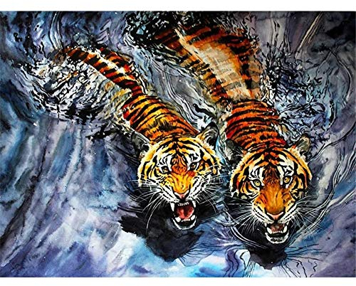 YINGXIN88 Diamant Malere Kits,Stück DIY 5D Diamond Painting Bilder Arts Strass Stickerei Kreuzstich Kits Diamond Dekoration für Haus, Wand und Eingang Zwei Tiger Schwimmen im Wasser-50x70cm