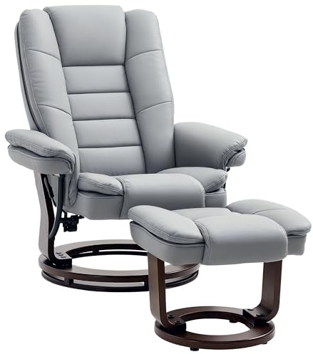 HOMCOM Recliner Chair With footstool, Recliner Armchair up to 130kg Weight Capacity, 135° Reclining Swivel Sofa Chair, PU Leather Ergonomic Couch Bed with Swivel Wood Base for Living Room, Grey