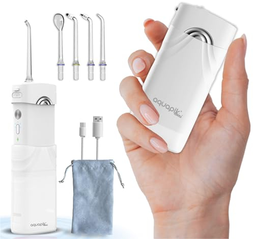 Idropulsore dentale portatile AQmini - 3 modalità, 4 ugelli, serbatoio 200 ml, USB-C, IPX7, compatto per viaggio, ufficio, gengive sensibili