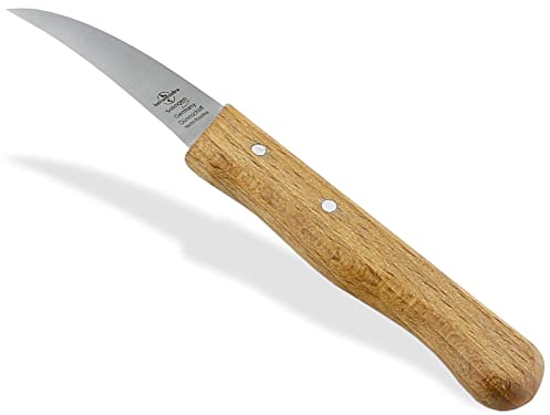 Schälmesser Solingen Vogelschnabel mit Nicht Rostfreier gebogener Klinge Küchenmesser Extra Scharf Gemüsemesser Obstmesser Made in Germany mit Holzgriff aus Buche zum Schneiden von Obst und Gemüse