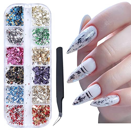 JAWSEU Nagel Pailletten Glitzer Kit, Blattgold Nailart Glitter Flitter Paillette Shiny Gold Folien 3D Nail Art Aufkleber DIY Nagel Kunst Dekoration für Gesicht Körper Glitzer