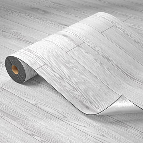 Homease Revêtement de sol en PVC autocollant épaissi (0.15 cm),Grain de bois avec texture, résistant à l'usure, imperméable, plaque en bois, sol en vinyle pour cuisine, salon, 0.6x5 M/3 ㎡,Gris clair