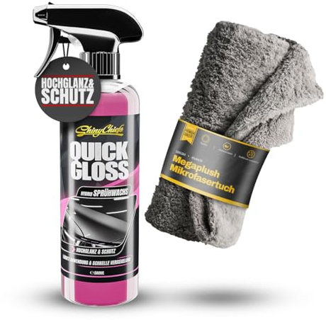 ShinyChiefs QCKGLOSS Ultimate Sprühwachs-Set - 500ml & 1 Mikrofasertuch | KFZ Glanz-Reinigung mit Carnauba Wachs - Versiegelung für Lacke, Scheiben und Chrom - 2in1 Autoreiniger-Spray-Wax