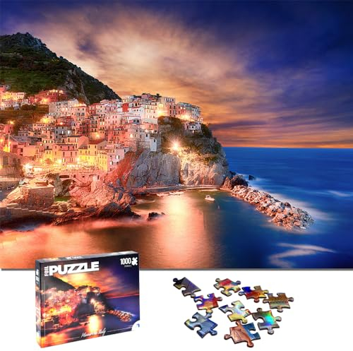 Universal Castle Metallic Foil 1000 Pieces Jigsaw Puzzle for Adults & Kids Landscape Famous Landmark Photo Challenging Puzzle Toys (Manarola, Italy)