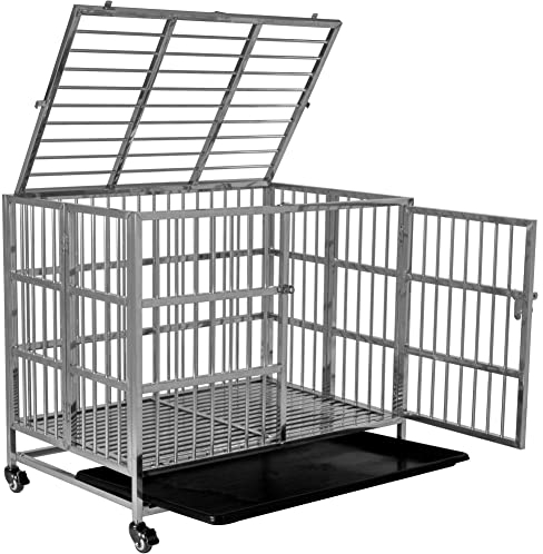 Hundebox Faltbar Edelstahl - Montieren ohne Werkzeuge - Doppelschloss - Hundekäfig für zuhause mit Rädern - Herausnehmbare Bodenwanne - Gitter Hundebox große Hunde mit Zwei Türen - L94xB62xH82cm