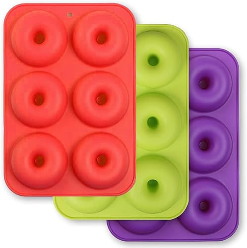 LATRAT 3 moldes de silicona para donuts antiadherentes, 6 cavidades flexibles, para hornear donuts (rojo, verde, morado oscuro)