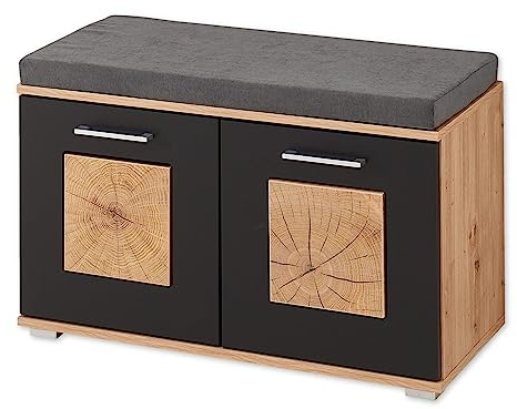 FUN Schuhbank mit Sitzfläche in Schwarz, Artisan Eiche Optik mit Hirnholz-Applikationen - Komfortable Sitzbank mit Stauraum für Ihren Flur - 84 x 53 x 38 cm (B/H/T)