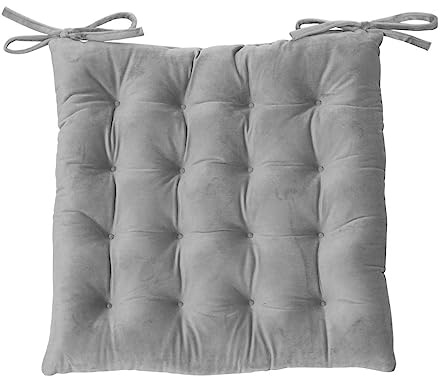 BQC Velvet Seat Pad 40x40 Cm Dining Chair Garden Kitchen Chair Velvet Cover Cushion with Tie 16 Stitch Comfortable Chair Pads with Filling (Pack Of 2, Silver)
