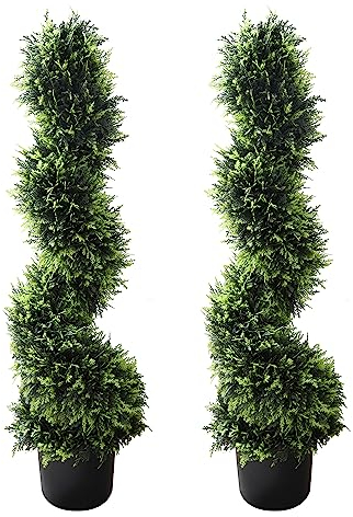 39 inchBoxwood Artificial Cedar Spiral Topiary Trees – Decorative Fake Greenery in Planter Pots for Front Porch, Outdoor Walkway, Entryway Decorating, Set of 2