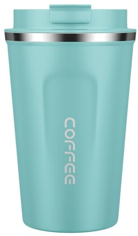 MOMSIV Coffee Cup, 380ml Vacuum Reusable Leakproof Double Wall Coffee Cup, Insulation Stainless Steel Eco-Friendly Travel Office Mug for Hot Coffee Tea and Cold Drinks, Lightblue