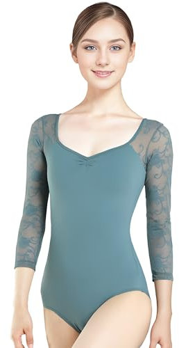 s.lemon Ballett Body Damen,Erwachsene 3/4 Ärmel Spitze Ballett Trikot D004 Grün 170