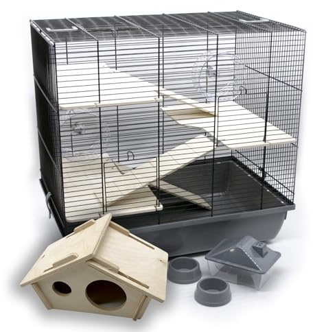 ZooPaul Premium Nagerkäfig Hamsterkäfig XXL inkl. Zubehör aus Holz grau/schwarz 60x36x54cm Maus Kleintiere