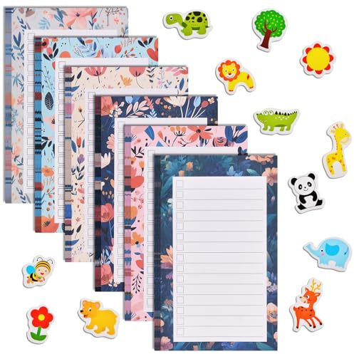 AUAUY Blocs-Notes Magnétiques, 6PCS Blocs-notes avec 12 Mini Aimant de Réfrigérateur, Feuilles Agenda Quotidien Floral Magnétique pour les Listes de Courses, Choses à Faire, 50 Feuilles par Bloc