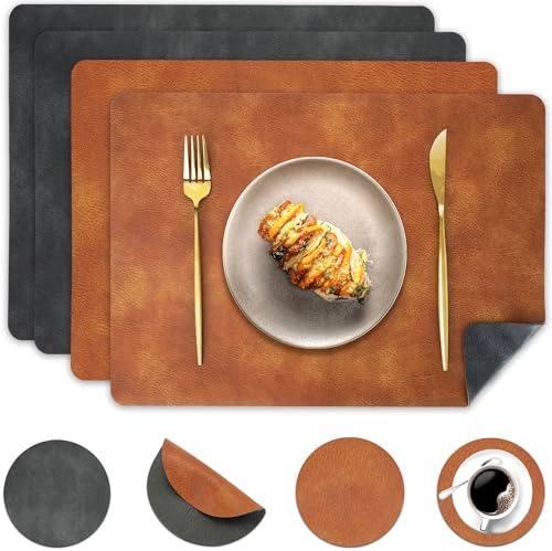 Pixieora Tischsets Abwaschbar und Untersetzer, Tischset Kunstleder Doppelseitigen rutschfest Platzsets in Lederoptik Platzdeckchen Telleruntersetzer (Grau Braun, 4er Set)