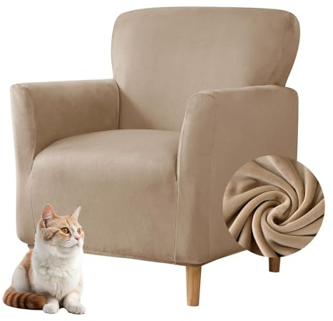 Highdi Stretch Sesselbezug Samt Sesselhusse Sesselschoner rutschfest mit Armlehnen, Sofa Überzug 1 Sitzer Sesselüberwurf für Relax-Sessel, Cocktailsessel, Clubsessel, Universal (Kamel)