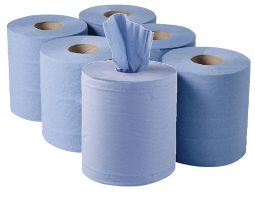 H-Line Blue Rolls Centrefeed Kitchen Towels Roll Embossed Pattern Strong & Absorbent Blue Roll Paper Towel Tissue Standard Household Towels for Home Kitchen Office Warehouse Garage (Pack of 6)