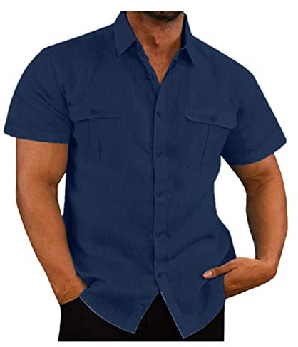 WEITING Chemises for Hommes à Manches Courtes été sans Fer décontracté Coupe régulière Chemise boutonnée Stretch Couleur Unie Hauts de Plage Chemise Manche Courte Homme (Color : Blue A, Size : XXL)