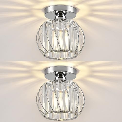 Hudi Fyier Chandelier Crystals Ceiling Lighting Fixtures, 2 Pack Chrome Modern Mini Ceiling Light, Small Semi Flush Mount Ceiling Light for Kitchen Hallway Dining Rooms Living Rooms Bar