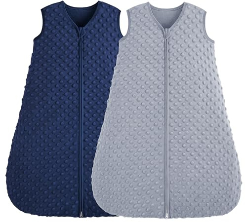 FIEMOL Schlafsack Baby 18-24 Monate 1.5 Tog, Neugeborene Schlafsack Herbst mit Plüsch Punkte, Weiche Winter Schlummersack Baumwolle, Baby Tragedecke Blau & Grau 2er Pack 90cm