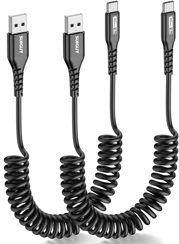 SUNGUY USB C Spiralkabel, USB A auf USB C Kabel[2 Stück 0.4m-1m] Schnellladekabel Android Auto USB Ladekabel Typ C Datenkabel für iPhone 16/15 Pro Max, Galaxy S24 S23 S22, Mi9/8