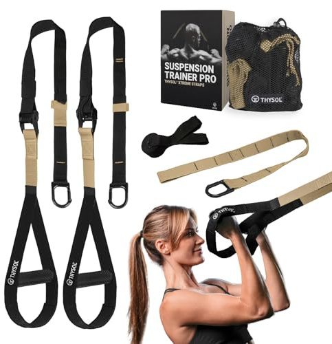 THYSOL® Suspension Trainer Beige – Sling Trainer Set with Door Anchor – Portable Suspension Training Straps for Home Gym Equipment & Workout Set – Gym Straps for Indoor & Outdoor Training