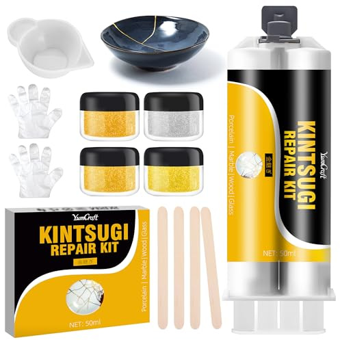 Kintsugi Reparaturset, Gold und Silber, 50 ml, lebensmittelechter Keramikkleber, japanischer Kunsthandwerk, Kintsugi-Kleber für zerbrochene Keramik, Porzellan, Glas, Jade, Schalen, Anfängerfreundlich