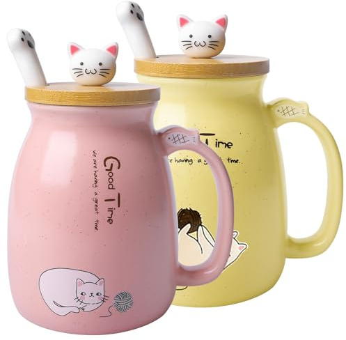2er-Pack süße Katzenbecher, niedliche Katze Teetasse Kaffeetasse aus Keramik mit kawaii Deckel und Löffel, Katzen-Kaffeetasse Set Katze Geschenk-Becher für Katzenliebhaber Mädchen (gelb + pink))