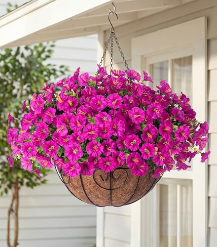 Artificial Fake Hanging Flowers Plants Baskets for Outdoor Spring Summer Decoration, Faux Silk Morning Glory in Planter UV Resistant Realistic for Home Outside Porch Patio Balcony Garden Yard, Fuchsia