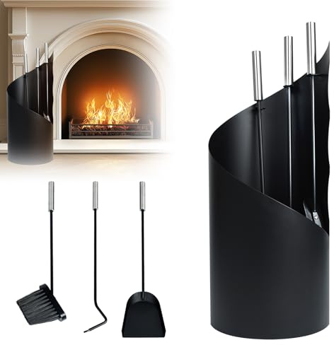 Eldzenith Kaminbesteck, Edelstahl Kaminbesteck Schwarz, Modern Ofenbesteck Kaminbesteck Set 4-Teiliges enthält Besen, Schaufel, Haken und Ständer, Kaminzubehör für KüChe