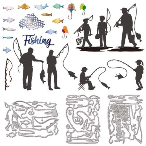 GLOBLELAND Sommer Familie Angeln Metall Stanzschablone Verschiedene Fisch Papierpräge Stanzschablonen Set Fischernetz Hintergrund Stanzformen für Kartenherstellung Papier Scrapbooking Handgefertigtes