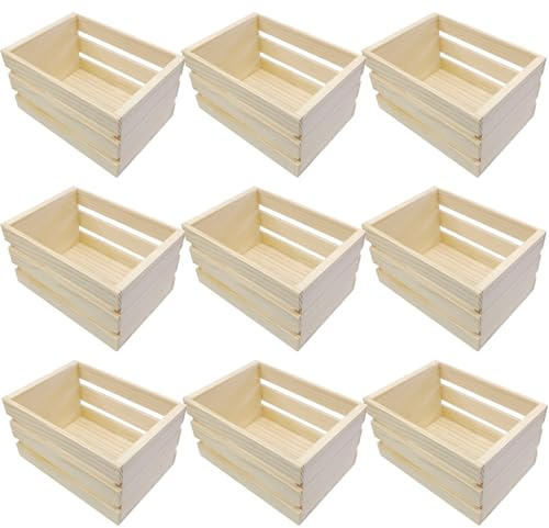 Homaisson 9 Pcs Mini Wooden Crates for Storage, Small Wooden Baskets for Crafts and Decor, Stacking Design, Open Storage, Natural Pine Wood, 4.9 x 3.5 x 2.8 Inches