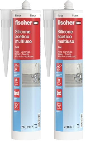 Fischer Silicone Acetico Multiuso Bianco SAM 280 ml, Sigillante Antimuffa per Vetro, Alluminio, Smalto, Ceramica, Adatto per Bagno e Cucina, 9350 (Confezione da 2)