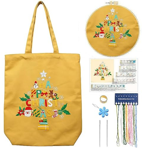 CREAWONDER Canvas-Tragetasche Stickset mit Muster für Anfänger, Kunst- und DIY-Stickerei-Bastelsets für Erwachsene, Anleitung, Stickrahmen, Farbfäden (Gelb, CR002 Weihnachtsbaum)