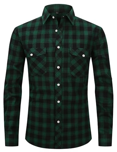 AIEOE Klänning sweatshirt för män långärmad rutiga skjortor skogsarbetare normal passform rutig skjorta med fickor, grön+svart, S
