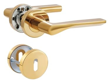 SORWDUERM Türgriff Pvd Gold Drückergarnitur, Edelstahl matt gebürstet, Türklinke für Haustür und Innentür, L-Form, BB - Bettklinke, Rund-Rosette