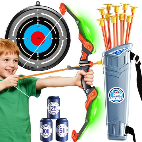 Arc et flèche pour Enfants avec Lumières LED, Jouet Enfant de Tir à l'arc Lumineux avec Carquois, 10 Flèches Ventouse et Cibles, Jouet d'Intérieur et d'Extérieur pour 3-12 Ans Garçons Filles