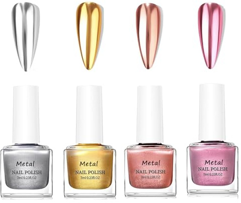 4Pcs Metallic Nagellack Set - Hochwertig Metallischer Spiegel Nagellack - Spiegelnagellack Chrom Fingernagellack Effect - Schnelltrocknend Langanhaltender Einfach zu Verwenden für Nail Art