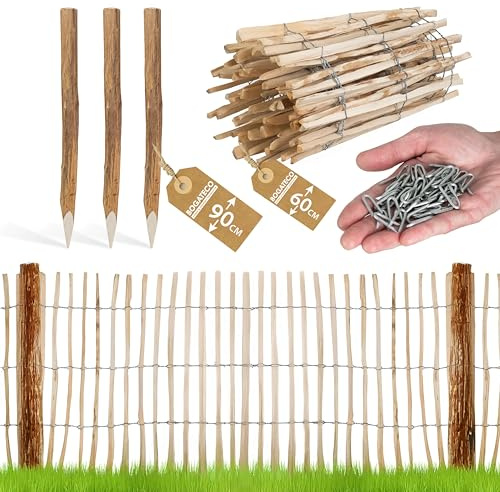BOGATECO Recinzione in legno di nocciola, 60 x 500 cm, con pali 90 cm, distanza tra le doghe 7 – 8 cm, perfetta come recinzione da giardino, recinzione in legno, pali di lunga durata