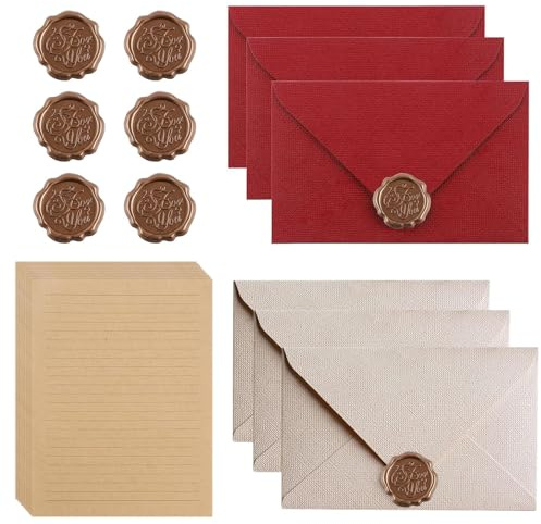 Briefpapier mit Umschlag, Liebesbrief, Vintage Briefpapier Set, mit 6 Leinenumschlag Umschläge und Wachssiegel 10 A5 Papier, Vintage Briefpapier Umschlag Set, für Hochzeitseinladungen (Rot + Weiß)