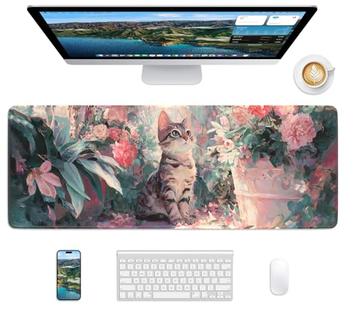 Velluxion Mouse Pad 31.5x11.8in Large Desk Mat Non-Slip for Office | Stitched edges prevent fraying, rubber non-slip base keeps pad stable, large mousepad for home, work and gaming, Pink Cat