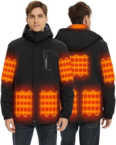Hecusma Beheizbare Jacke Herren mit 18400mAh 12V Powerbank, Heizjacke Herren Warm Gefüttert, Herrens Beheizte Jacke mit Abnehmbarer Kapuze Winddicht Wasserdicht für Ski Freien Winter
