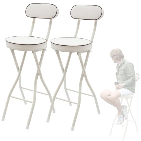 Set Di 2 Sgabello Da Bar Pieghevole Con Schienale, Sgabelli Cucina Pieghevoli Alto Portatile, Sedia Da Bar Richiudibile Con Sedile Imbottito, Per Bistrò, Cucina, Terrazza Esterna(White,H70cm)