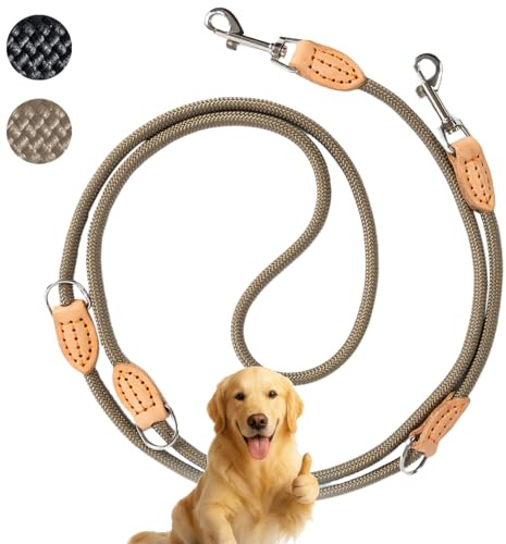 LeileiPaws 3 m Verstellbare Multifunktions-Hundeleine aus Nylon & Leder – Führ-, Schulter- & Hüftleine für kleine bis große Hunde – Robust für Training, Spaziergang & Joggen (Kaki, 3m x 1.2cm)