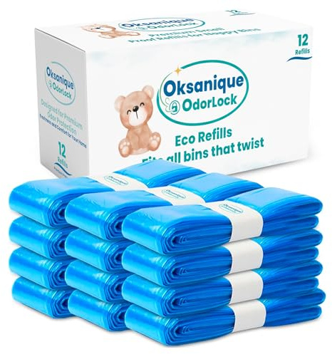 OKSANIQUE OdorLock 12-Pack Nappy Bin Refills 7-Layer EVOH Odor-Lock Bags Compatible with Tommee Tippee, Sangenic, Angelcare Twist & Click