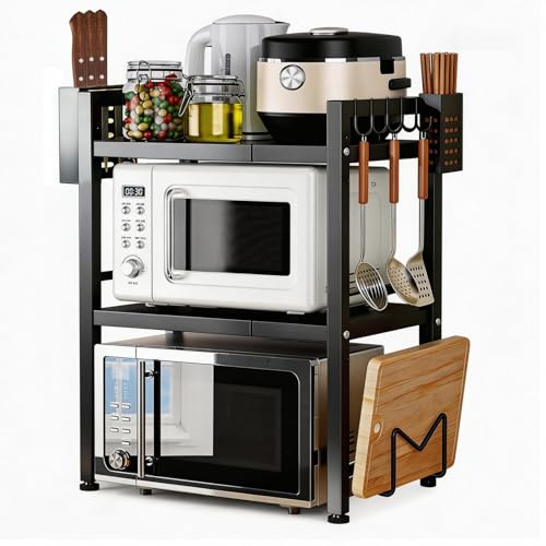 3 Tier Microwave Shelf, Extendable Kitchen Countertop Storage with 6 Hooks | Adjustable Metal Microwave Oven Rack, Heavy Duty Microwave Stand for Toaster, Microwave, Pots, Spices, Tableware Storage