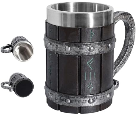 XPJBKC Boccale Birra Vichingo, Tazza con Interno in Acciaio Inossidabile, Tazza da Caffè con Manico in Resina 3D, Disegno Runico Nordico, Stile Medievale Retrò, Regalo per Uomo, 600ml