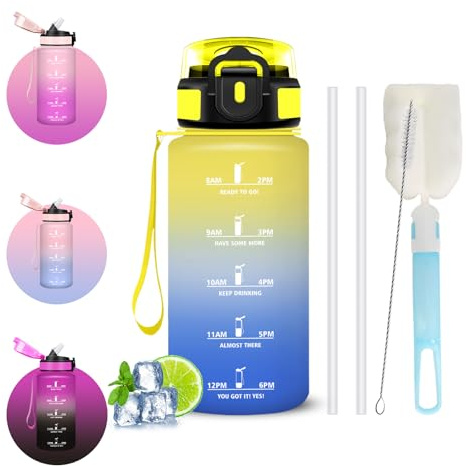 Borraccia 500ml, Borraccia Bambino con Cannuccia, A Prova di Perdite, Spazzole a Bottiglia e Cannuccia, Facile da Pulire, Bottiglia Motivazionale, Boracce con Orari per Sport, Fitness, Scuola