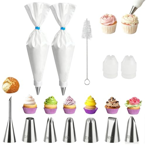 Reusable Piping Bags and Tips Set, 11-Piece Cake Decorating Kit | Cotton piping bags with stainless steel tips for cupcakes, biscuits and desserts