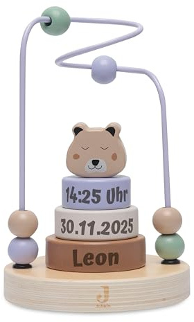 Gravur-Max Motorikschleife personalisiert mit Name, Datum & Uhrzeit – Jollein FSC Holz Aktivitätsspirale & Stapelturm Baby ab 12 Monate – Personalisiertes Geschenk zur Geburt & Taufe